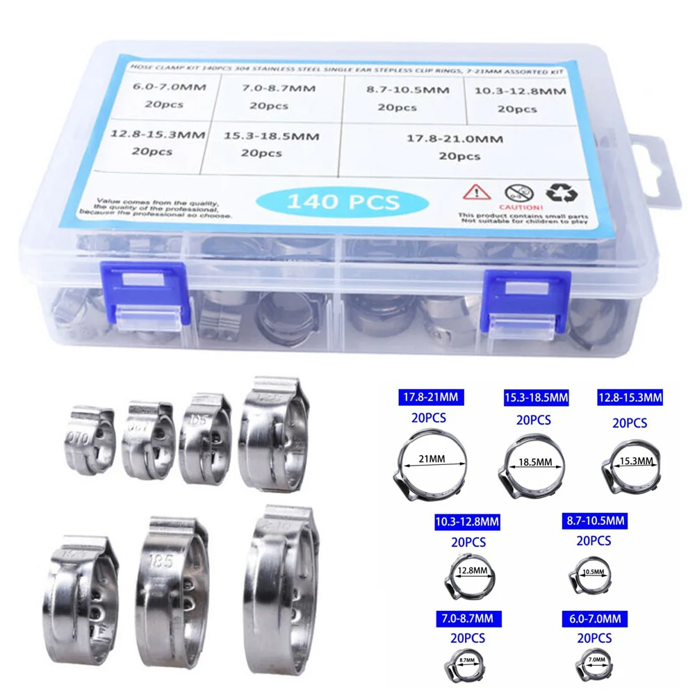 

140Pcs Hose Clamp 7-21mm 304 Stainless Steel Stepless Kit Equipment Pipe