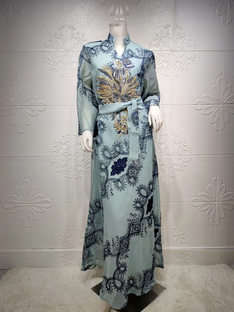 Fashion Mesh Embroidered Muslim Abaya Dress Jalabiya for Women Sequins Long Sleeve Party Morrocco Kaftan Dubai Evening Clothes