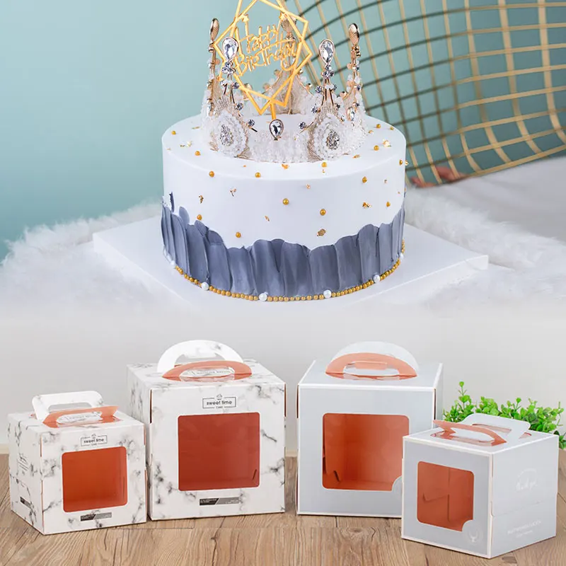 

1pcs Handle Paper Cake Box With Window Birthday Party Baby Shower Celebrate 4/6/8 Inch DIY Handmade Packaging Decoration INS