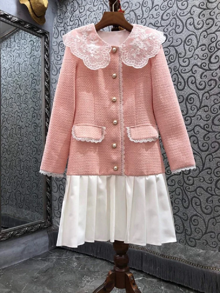 

Sweet Pink Dress 2021 Autumn Winter Fashion Clothing Women Lace Turn-down Collar White Pleated Patchwork Long Sleeve Wool Dress