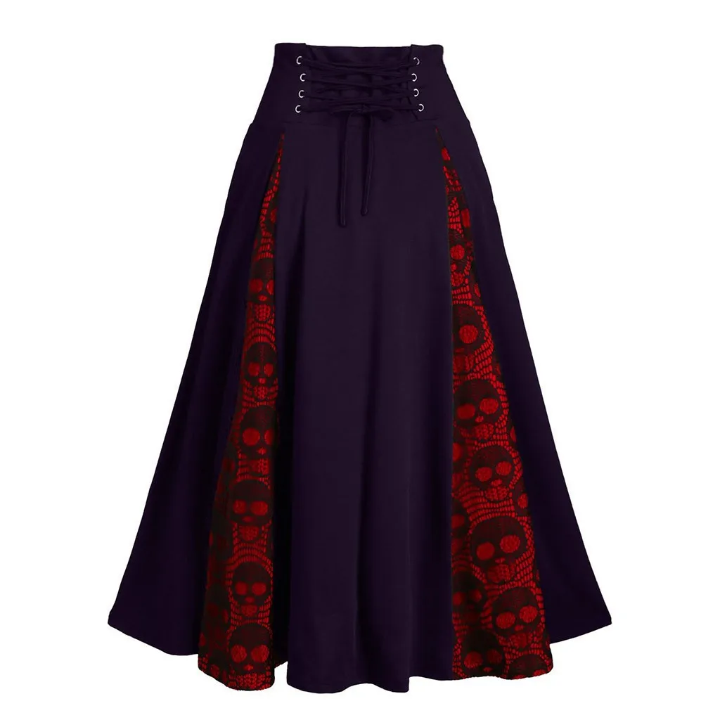

Women Gothic Pleated Skirt Plus Size Lace Patchwork High Waist Midi Skirt Drawstring Harajuku Dress *3q
