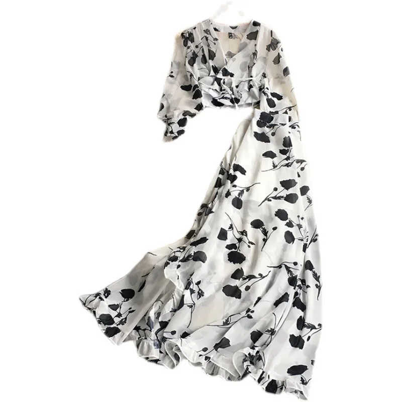 

skirt waist hubble-bubble sleeve v-neck chiffon unlined upper garment + split big tall waist chiffon dress two-piece