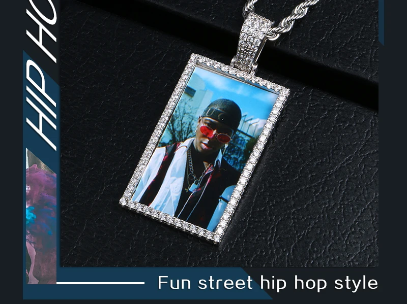 Rectangle Custom Made Photos Medallions Pendant Necklace With AAA Cubic Zircon Rope Cuban Tennis Chain Drop Shipping Gift Box