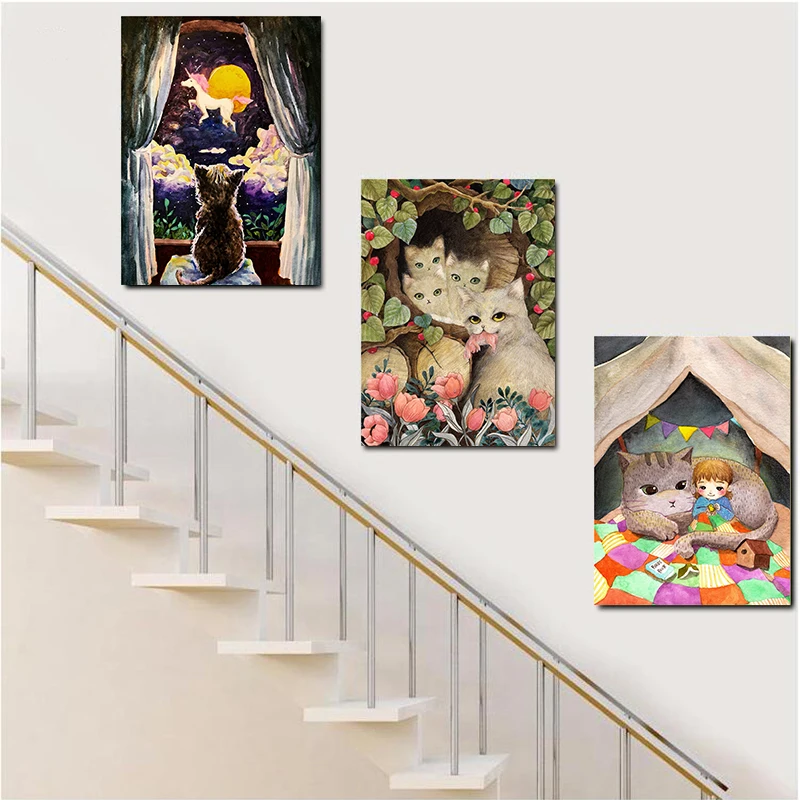 Abstract Avatar Lovely Girl and Cute Cat Canvas Paintings Print Poster Wall Art Bedroom Living Room Child Kits Home Decoration | Дом и сад