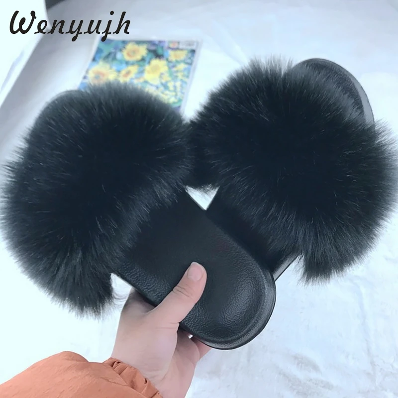 WENYUJH/Летняя женская обувь Меховые шлепанцы для девочек Роскошные домашние на
