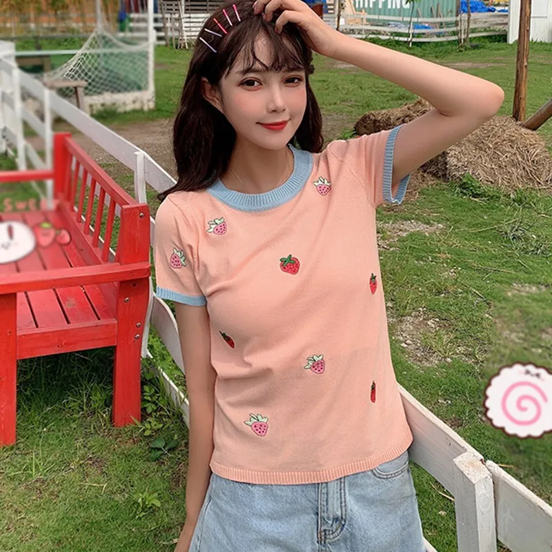 

Women's Sweet College Style Casual Strawberry Embroidery Round Neck Short Sleeve Colorblock Slim Tops Pullover Knitted Tops n