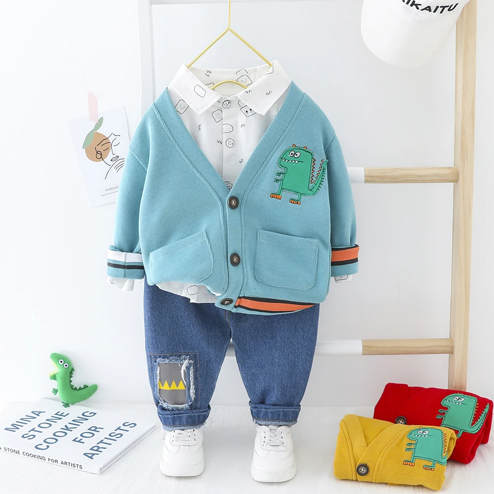 3 шт. детская повседневная куртка с принтом динозавра + рубашка джинсы цвета |
