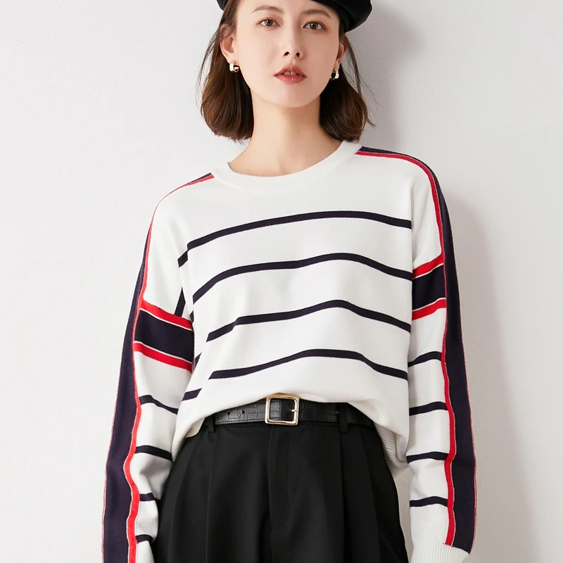 

European station 2021 осень и зима, новый вязаный кашемировый свитер с круглым вырезом и длинными рукавами в широкую полоску, женский пуловер