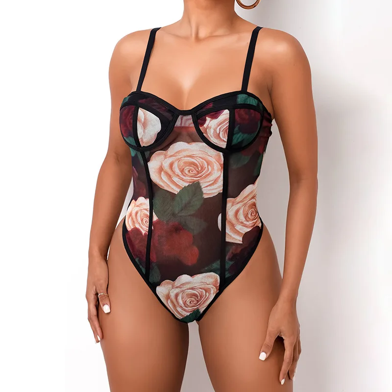 Cryptographic Fashion Floral Mesh Sheer Straps Bodysuits See Through Club Party Sexy Backless Bodysuit Teddy Bodycon One Piece