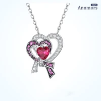 double heart shape bow necklace red zircon silver plated surround love chain on the neck for women christmas jewelry gifts