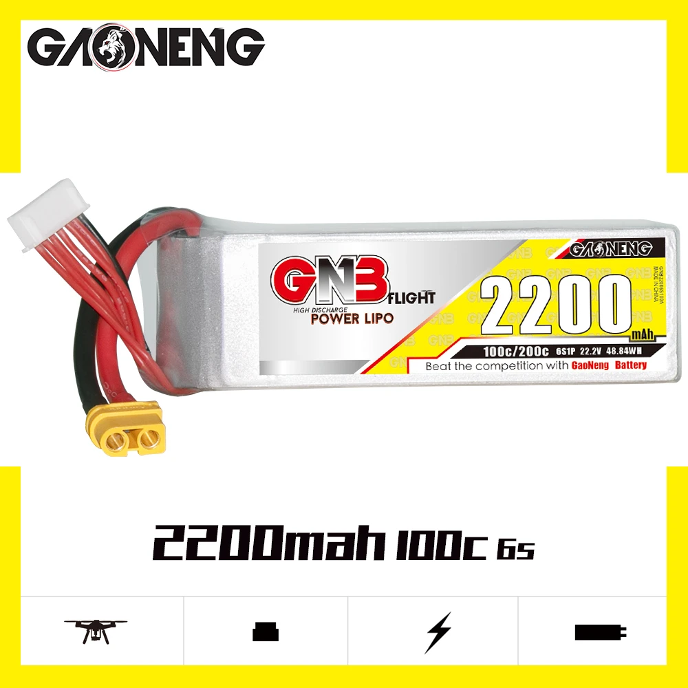 

Gaoneng GNB 6S1P 2200mAh 6S1P 22.2V 100C/200C Lipo Battery with XT60 Plug For FPV Racing Drone RC Quadcopter Helicopter Parts