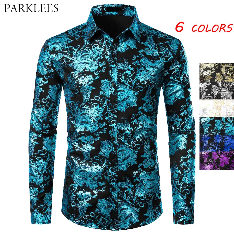 Рубашка мужская с бронзовым цветком роскошная блестящая пейсли принтом модная