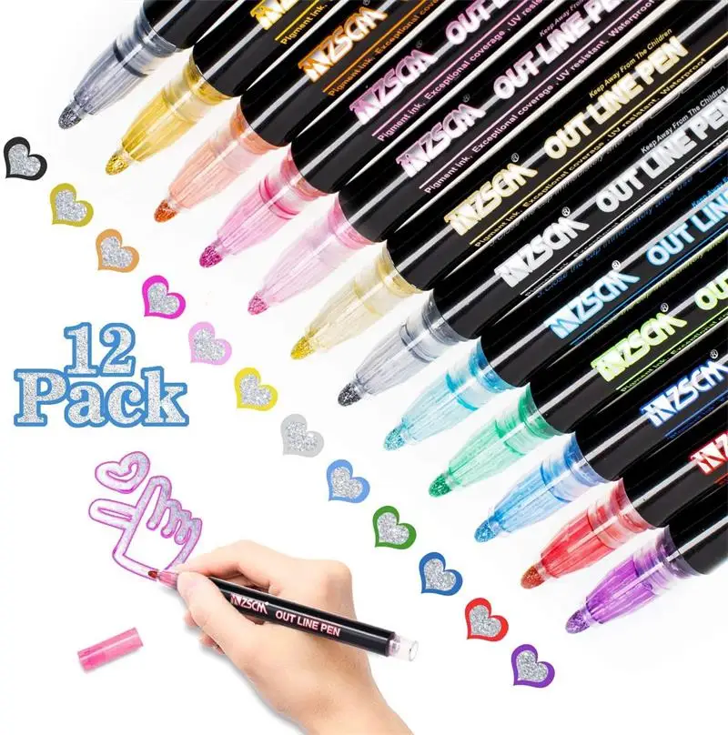 12 Pcs/Set Art Marker Metal Paint Marker Pen Coloring DIY Album Scrapbooking Outline Glitter For Drawing Painting Doodling Kids