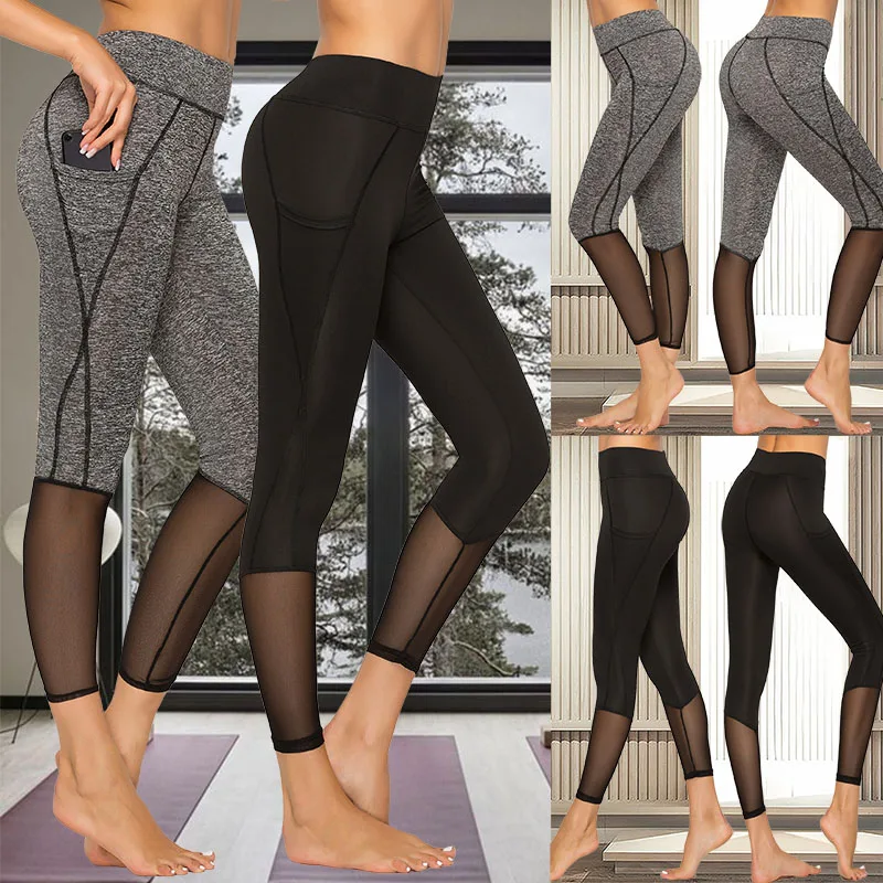 

Mesh Patchwork Leggings For Women High Waist Breathable Pants Ladies Stretch Fitness Leggings Ankle Length Slim Leggings