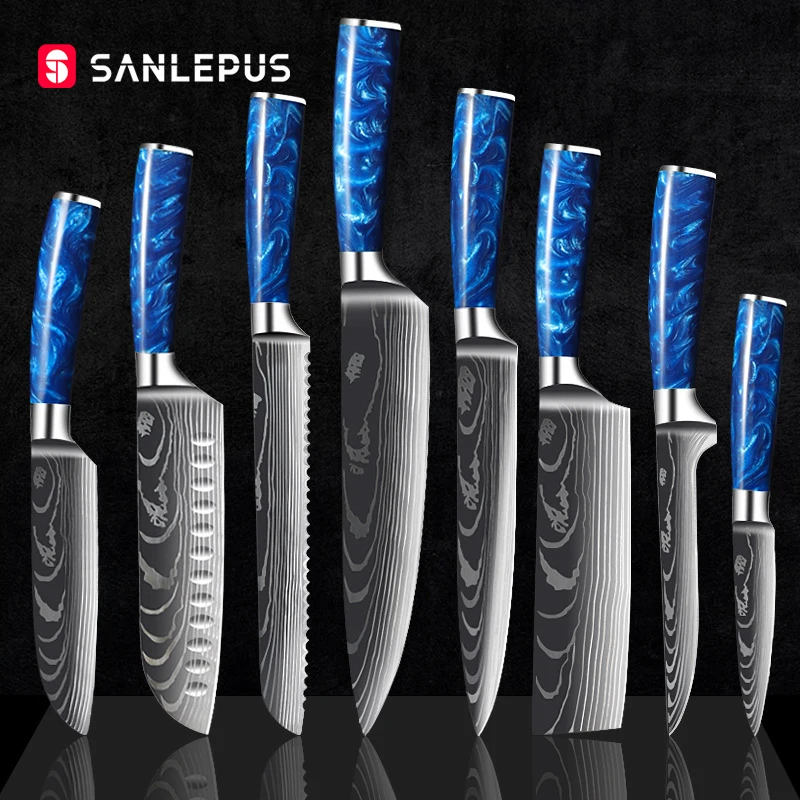 

Набор ножей шеф-повара SANLEPUS, 8 шт., японские кухонные ножи из нержавеющей стали с лазерным узором, профессиональные острые лезвия, инструмент...