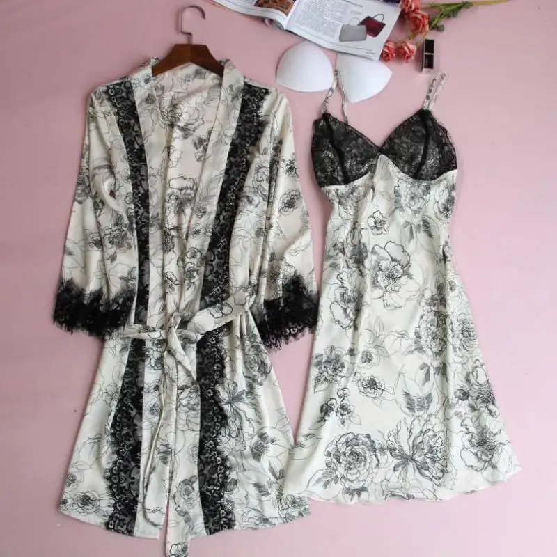

Print Flower Kimono Bathrobe Gown Women 2PCS Robe Set Nightgown New Arrival Sleepwear Satin Lace Sexy Sleep Set Casual Nightwear