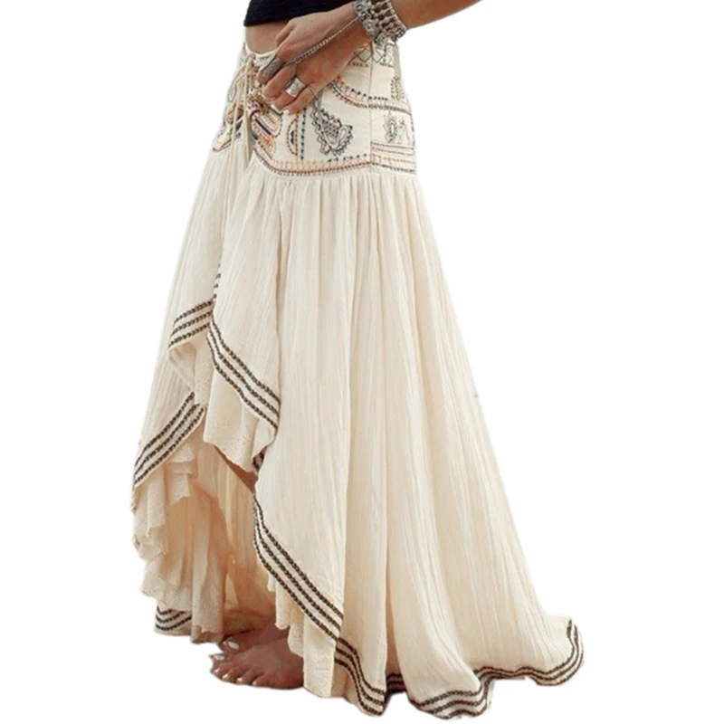 

Summer 2021 Women Maxi Skirts High Waist Casual Fahsion Vintage Ethnic Style Elegant Stitching Irregular Chiffon Beach Skirt