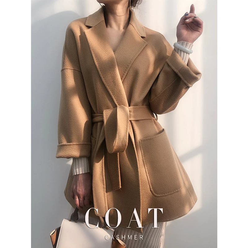 

Water wave pattern coat women's medium length double face cashmere lace up suit collar high end coat new autumn winter 2020