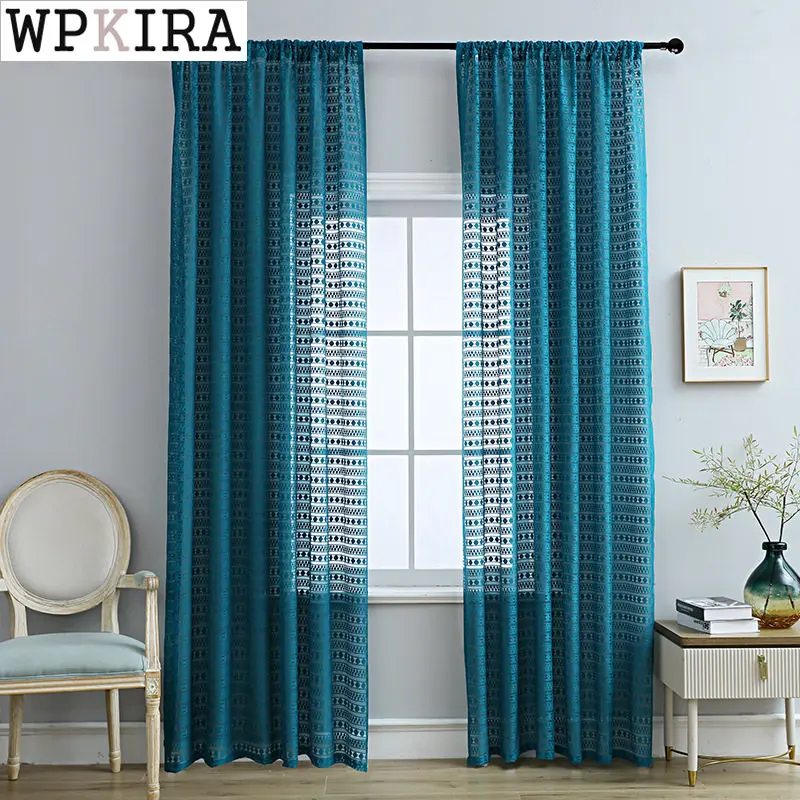 Nordic Curtains Blue Hollow for Living Room Horizontal Stripe Dots Sheer Drape Short Blinds Voile Small Window S061#D