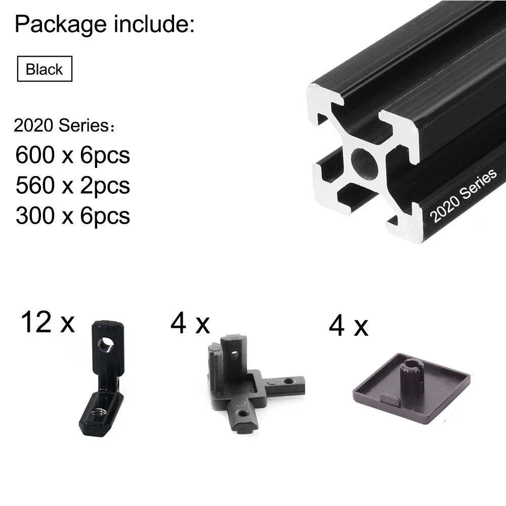 

Серия 2020 включает в себя 600x6 560x2 300x6 черный алюминиевый профиль, 4 шт. Трехходовой кронштейн, 12 шт. L-образный кронштейн, 4 шт. крышка торцевой кр...