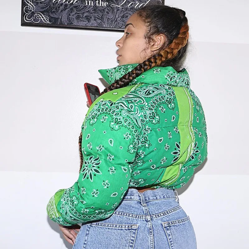 

Green Print Y2K Long Sleeve Crop Coat Jacket Women Casual Autumn Winter 2021 Bubble Turtleneck Short Parkas Jackets SS1041