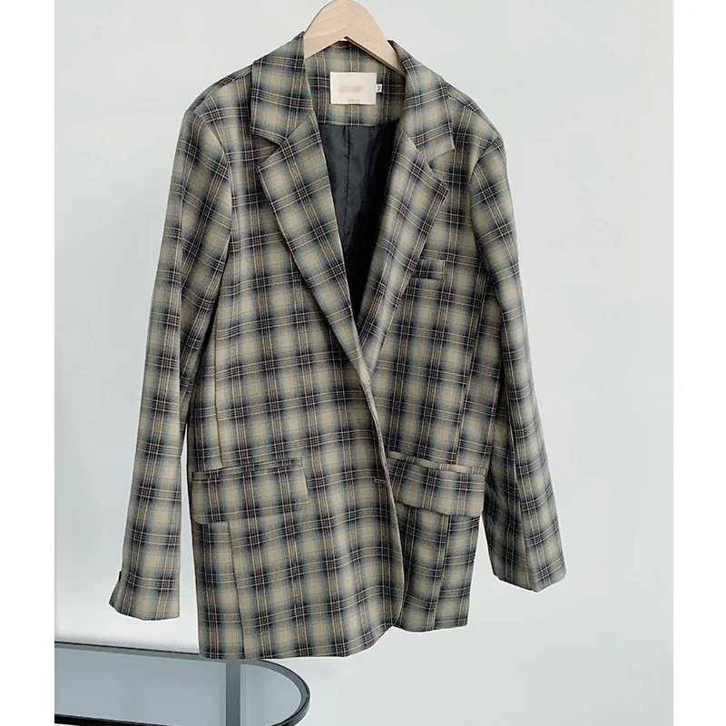 Осенне зимняя винтажная серая клетчатая свободная верхняя одежда женский костюм