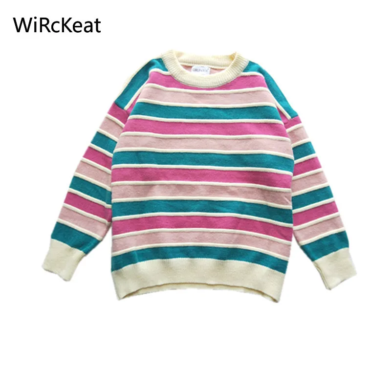 

WiRcKeat Autumn Winter Stripe Women Sweater Oversize New Prep Pullover Sweaters Knitted Women 2020 Knitwear Rainbow Jumper