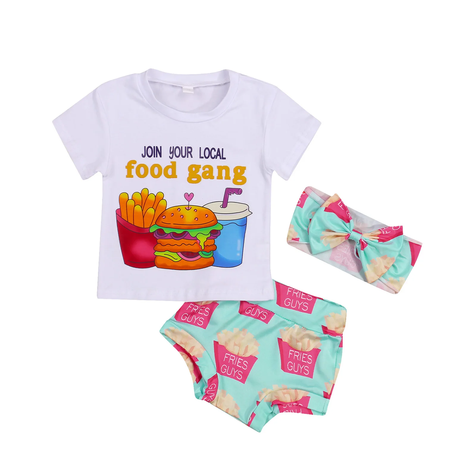 

OPPERIAYA Baby Girls Three-piece Clothes Casual Set White Round Collar Short Sleeve Tops Elastic High Waist Shorts and Headdress