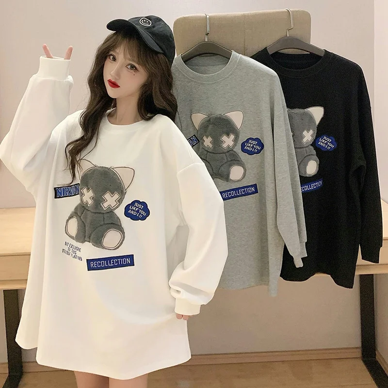 

2021 Korean Autumn Bear Long Sleeve Loose Sweatshirt Women Embroidered Flocking Hoodie