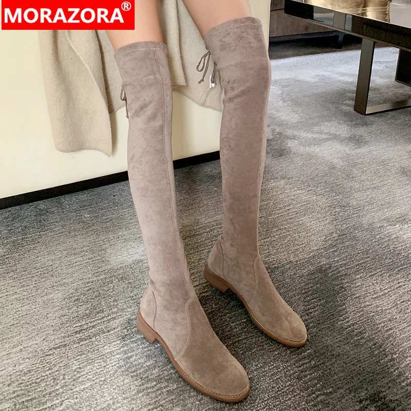 MORAZORA/ г., зимние теплые модные ботфорты однотонная обувь высокого качества на низком каблуке с круглым носком женские ботинки