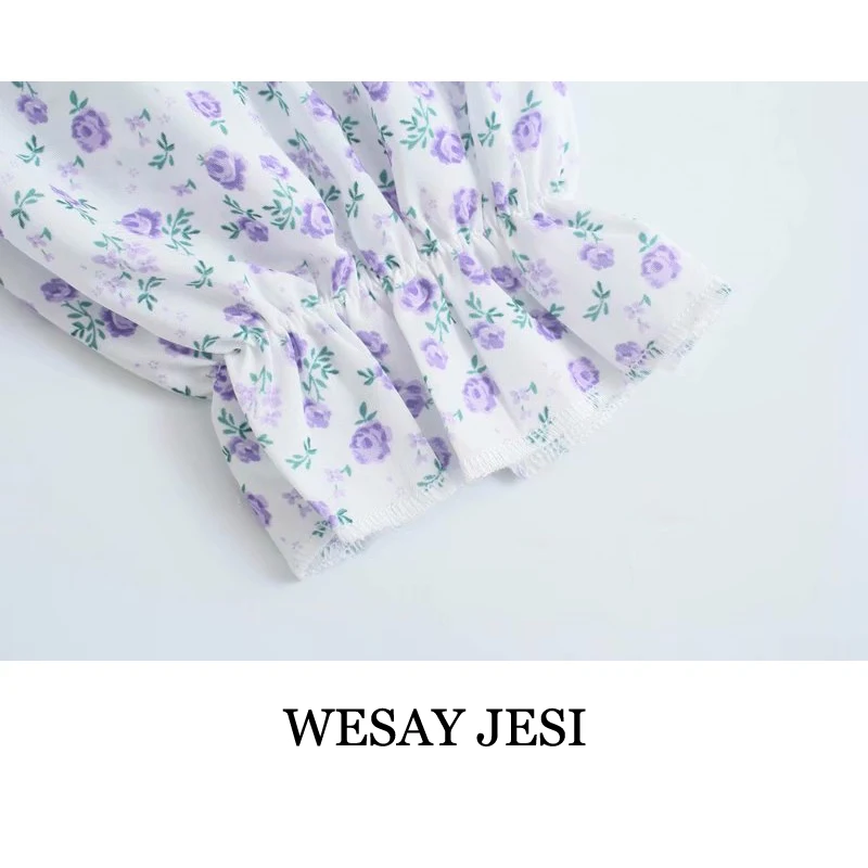 

WESAY JESI Summer Dress Woman 2021 Fashion Mini Dresses Square Collar Puff Sleeve Casual Flower Print High Waist Female Bohemia