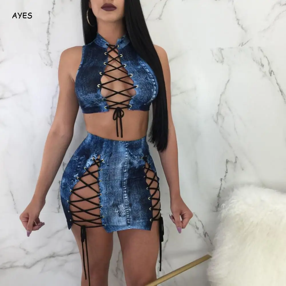 

Sexy Women Hollow Out Two Piece Set Clubwear Lace-Up Bandage Matching Sets Slim Party Outfits Mini Dress Skirt Set 3XL