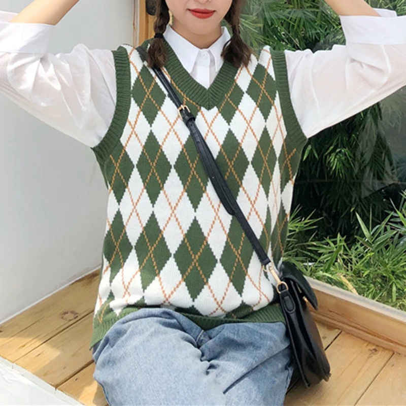 Женский вязаный жилет в клетку повседневный Свободный пуловер без рукавов