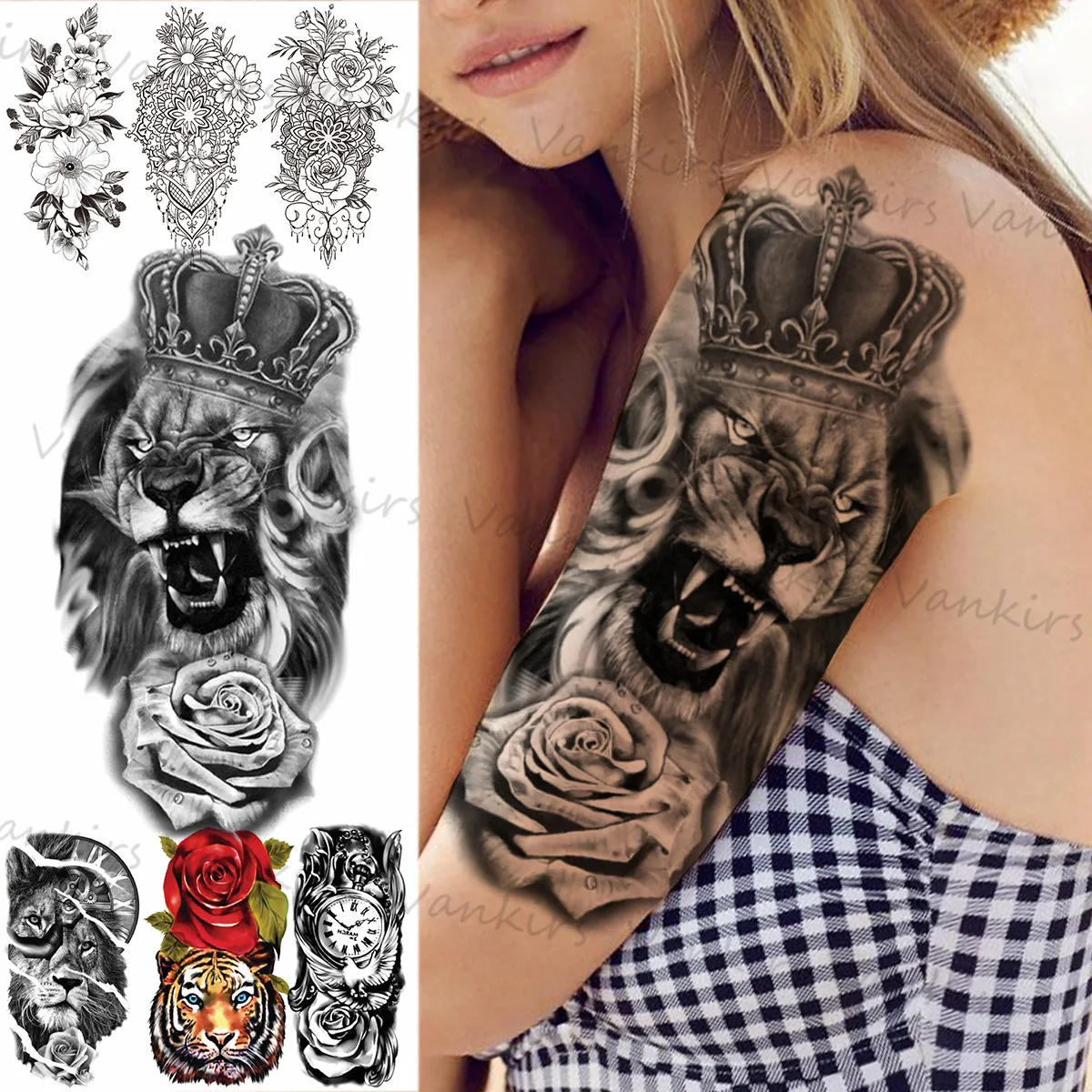 

Black Lion Rose Temporary Tattoos Realistic Daisy Mandala Flower Pendant Lion Tiger Compass Fake Tattoo Sticker Arm Body Tatoos