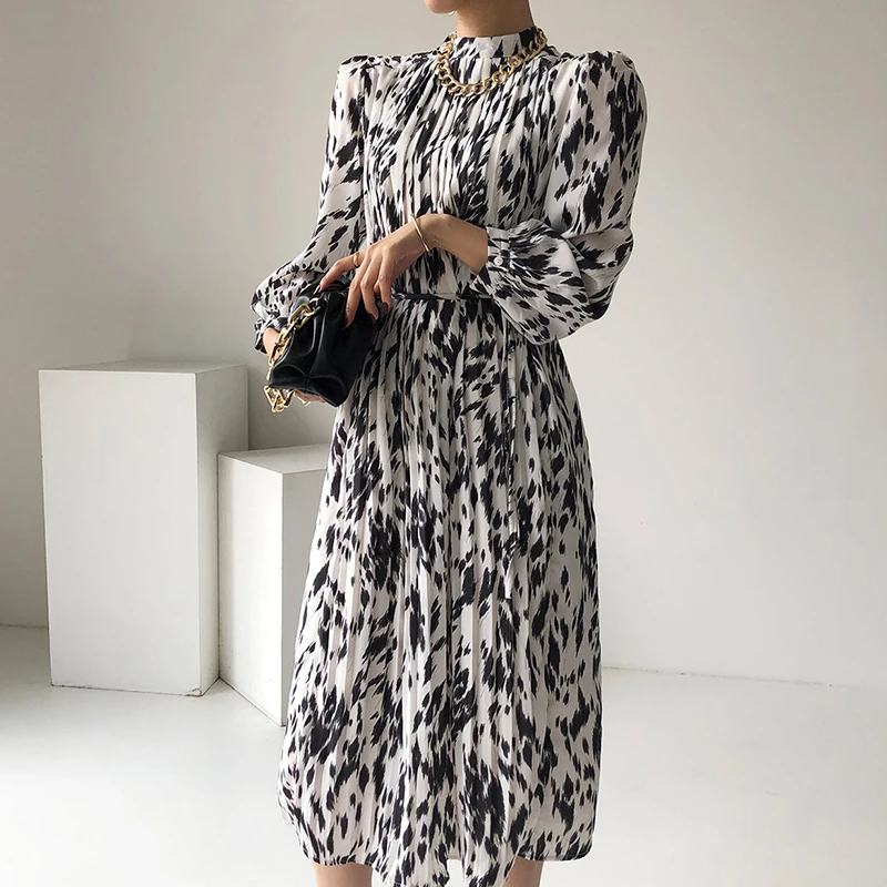 

Long Sleeve Women's Dresses Elegant Hit Color Female Lace-up Printed Dress 2021 Spring Autumn New Women Dress