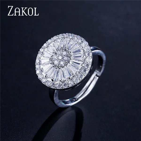 White Ring ZAKOL высокое качество CZ Кристалл Женская мода ювелирные изделия блестящий круглый кубический циркон ожерелье серьги кольцо ювелирные изделия для невесты набор FSSP2013 - Окраска металла: White Ring