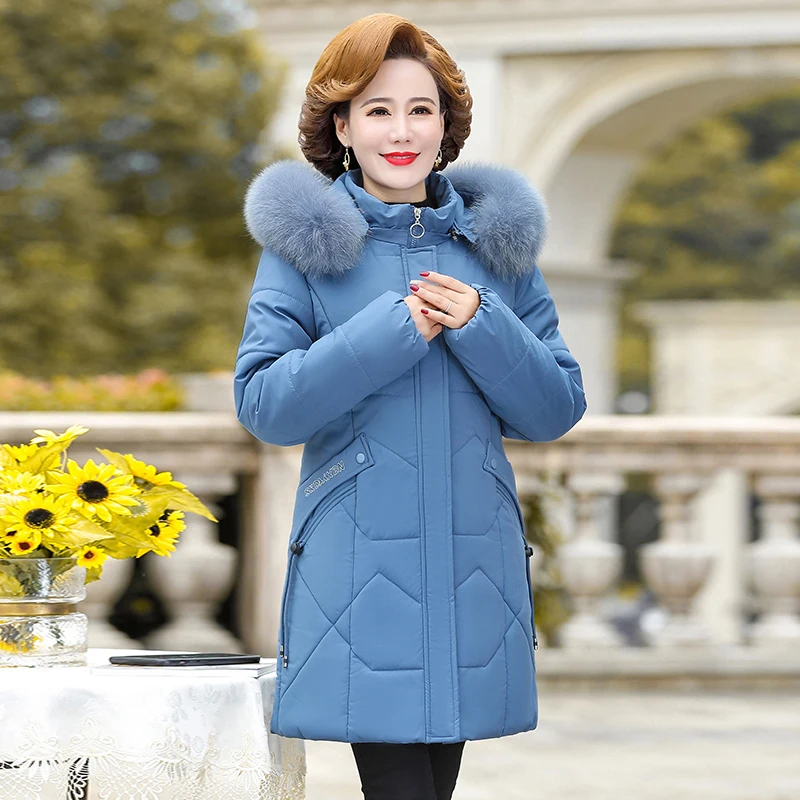 winter clothes women mother's cotton clothes middle-aged and elderly ladies thick hooded pure color cotton clothes woman parkas
