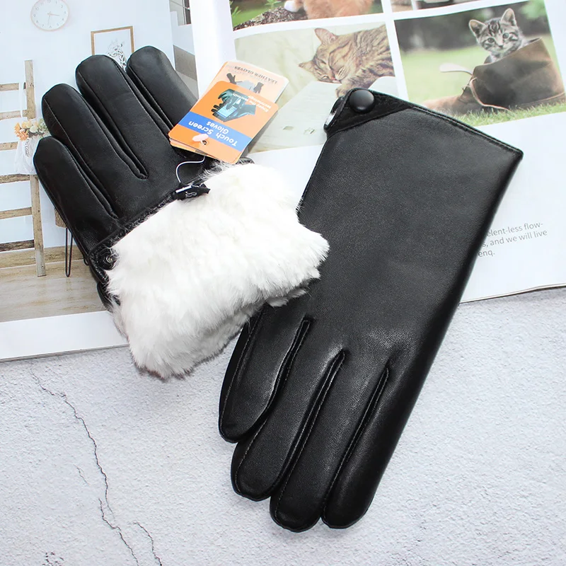 

Winter thick warm touch screen sheepskin gloves men's leather white rabbit fur lining outdoor wind and cold finger gloves