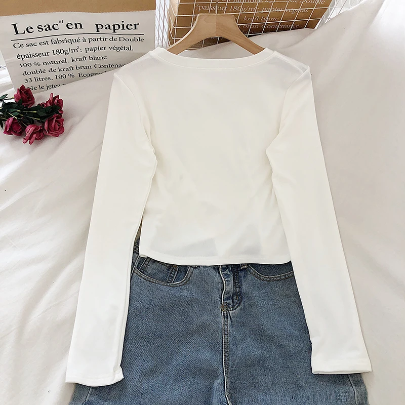 

Women T-shirts 2021 Spring Autumn Long Sleeve Button Irregular Crop Tops High Street Casual Korean Chic Fashion Shirts Femme