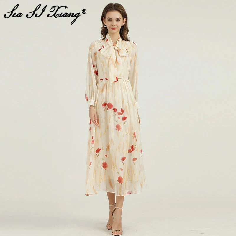 

Seasixiang Fashion Designer Spring Chiffon Dress Women O-Neck Lantern Sleeve Sashes Flower Print Bohemian Vacation Long Dresses