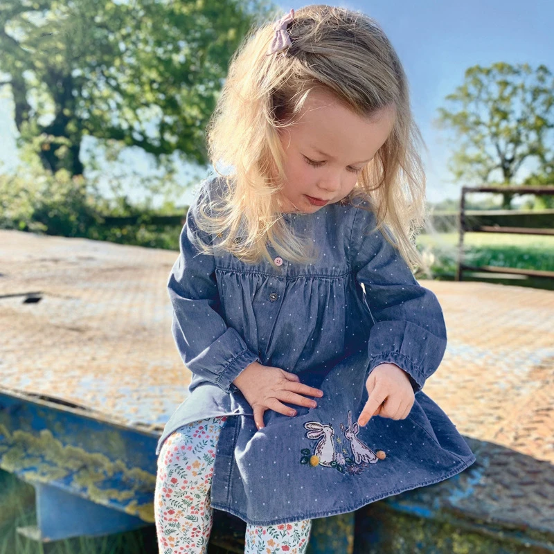 

2021 Casual Kids Clothes Baby Girls 100% Cotton Rabbit Pattern Boutique Cute Long Sleeve Button Denim Dress Children Fashion Top