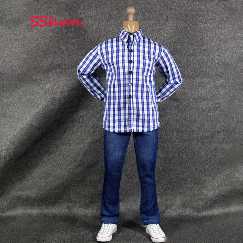 

1:6 Scale Male new version blue and white checkered jeans suit doll clothes soldier clothes For 12'' Action Figure DIY