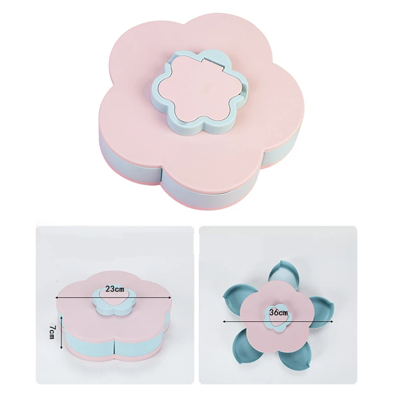 

Multifunctional plastic dried fruit tray Petal rotating candy box Snack storage box Double flower shape fruit plate Snack box