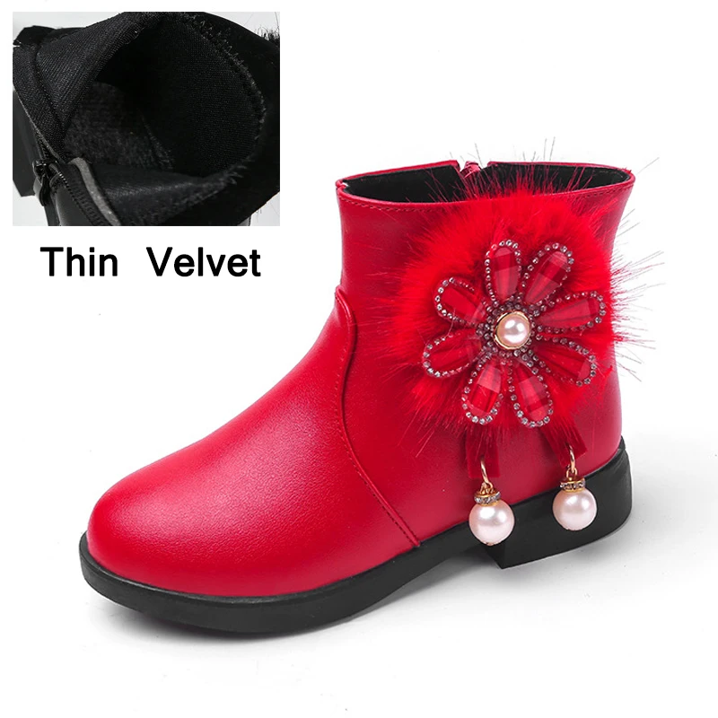 Thin velvet Red Новинка года; детская обувь; сапоги Martin для девочек; сезон осень-зима; кожаная обувь со стразами и цветком для девочек; бархатные теплые детские сапоги - Цвет: Thin velvet Red