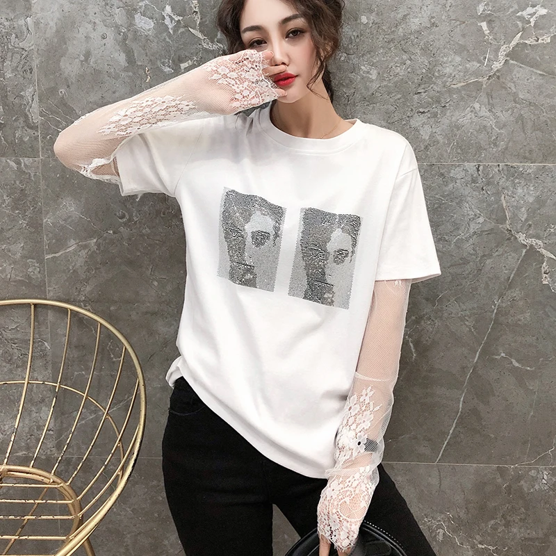 Летняя женская футболка из хлопка с кружевом и длинным рукавом