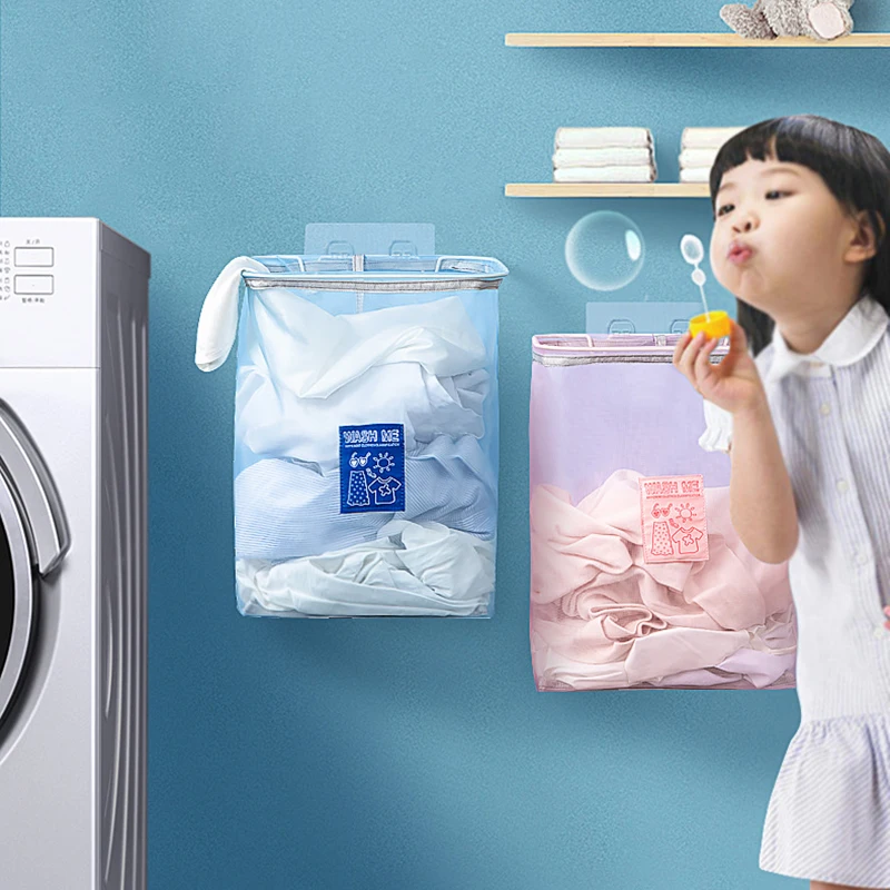 

Тканевая Сетчатая Сумка для ванной комнаты, подвесная корзина для белья с видимым хранилищем, большая корзина для белья без перфорации, с от...