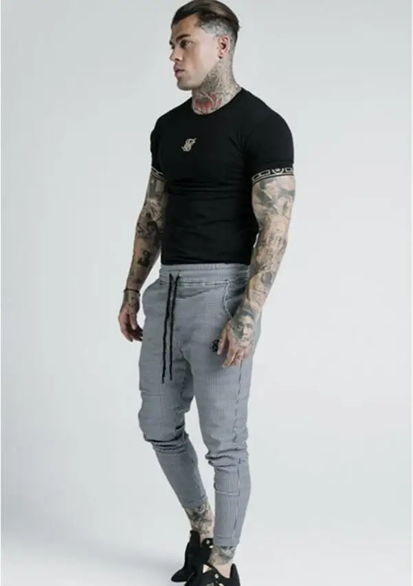 2019 Men's Fashion New Polyester Plaid Flocking Printing Casual Thin Sik Silk Sweatpants Street Hip-Hop Slim Trousers | Мужская
