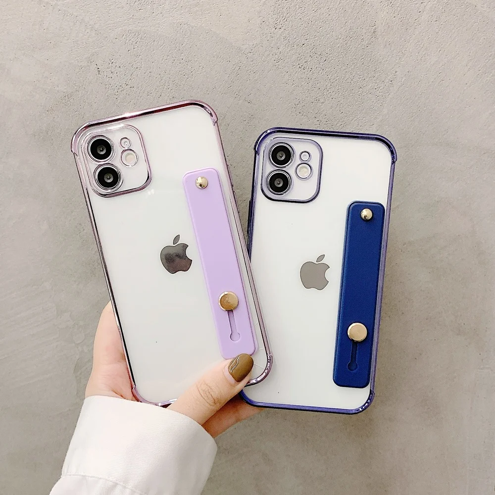 

Wrist Strap 6D Plating Clear Phone Case For iPhone 12 11Pro Max XR XS Max 7 8 Plus 12 Mini SE 2020 Soft TPU Stand Holder Cover