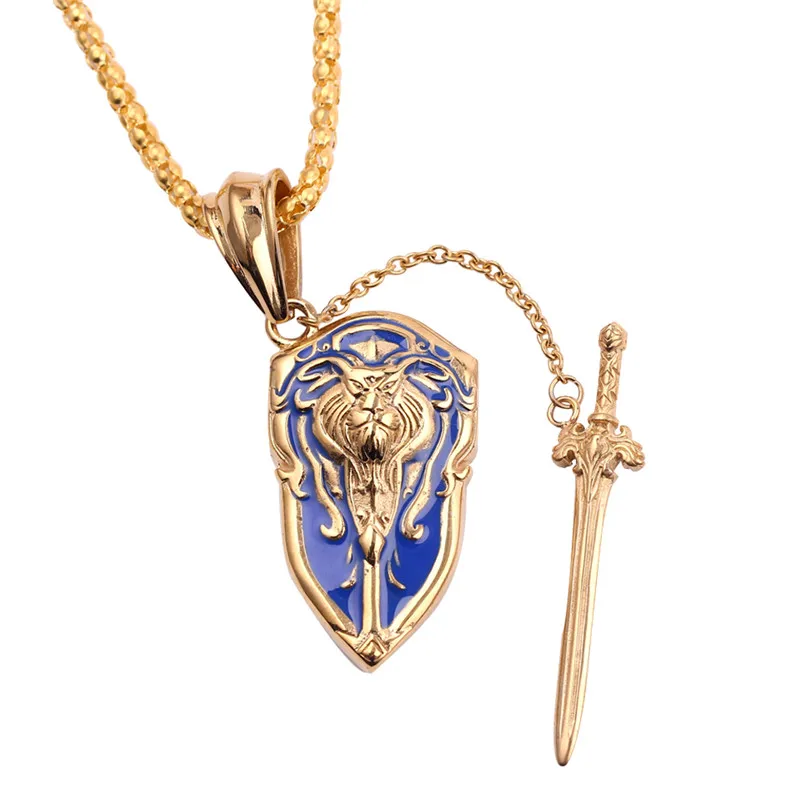 Винтажные игра ожерелье для мужчин ювелирные изделия Лев щит меч Подвески золото