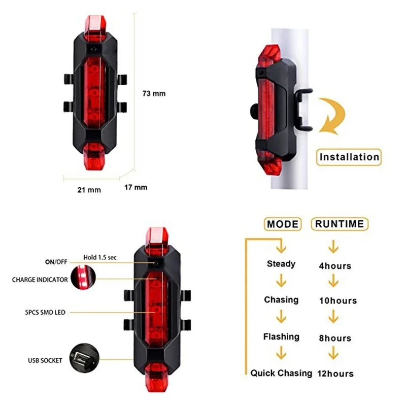 USB Rechargeable Waterproof Mountain Bike Lamp Warning Cycling Taillight LED Headlight Tail Light For Electric Scooter | Спорт и
